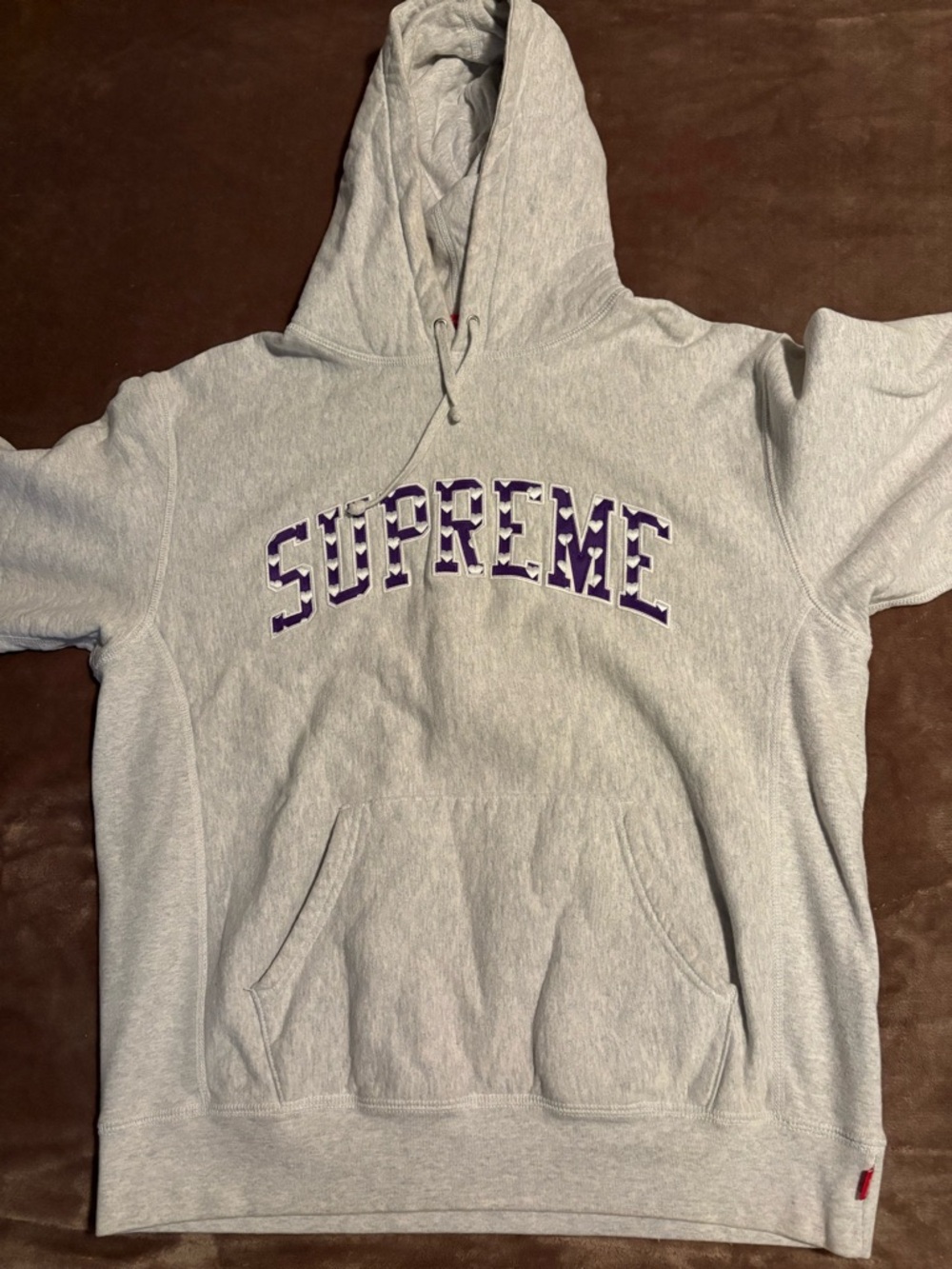 Supreme Light Gray Hoodie with Purple Arched Logo